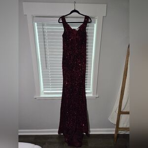 Velvet Sequin Off Shoulder Maxi Dress: Burgundy (Size Large)